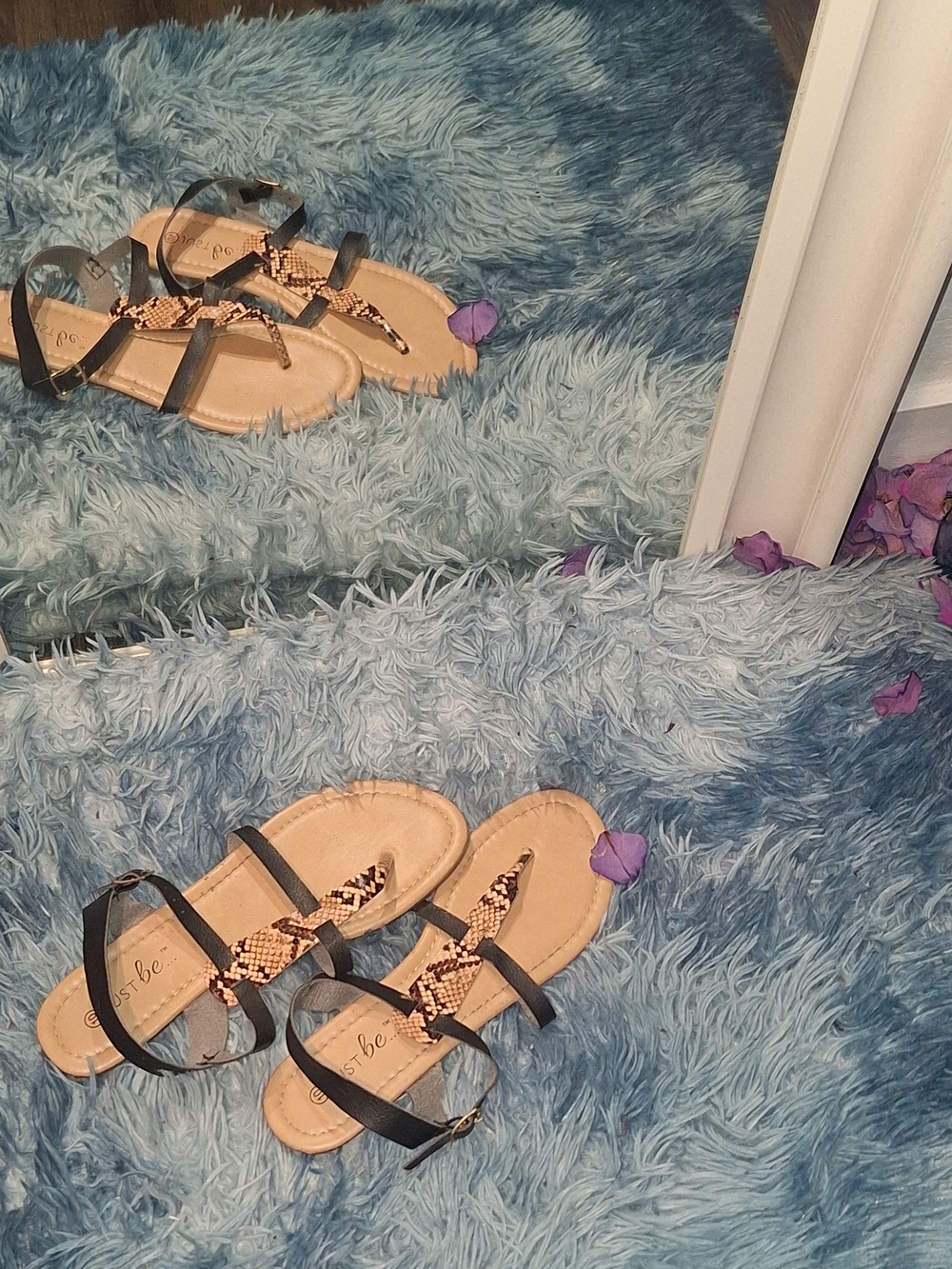 Just Be Black Strappy Sandals with Tan Snakeskin Accent